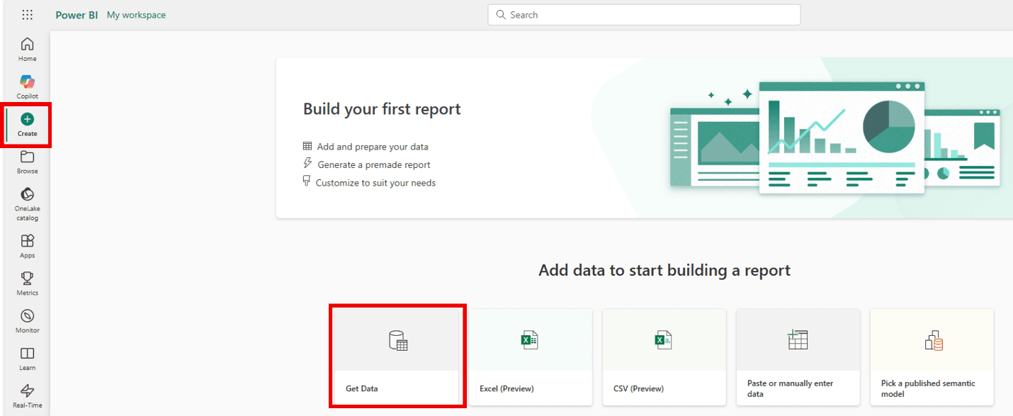 Microsoft Power BI service screen showing Get Data, Excel, CSV, manual data entry, and published semantic model options